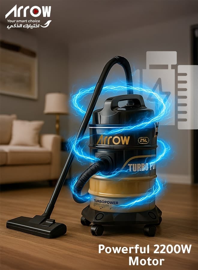 Arrow 25L Drum Vacuum Cleaner, 2200W | Sponge Filter | Air Blower Function | Metal Telescopic Tube | Powerful Suction | Ideal for Heavy-Duty Cleaning | Model: RO-25VSY - Image 3