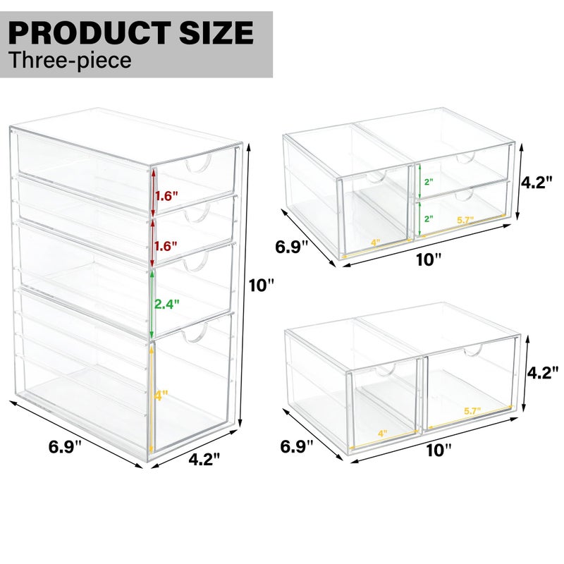 Prsildan Acrylic Drawer Makeup Organizer with 9 Drawers, Set of 3 Office Desk Organizers Accessories, Clear Stackable Storage Drawers for Vanity, Countertop, Craft, Jewelry, Art Supply Organization - Image 3