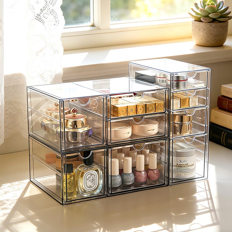 Prsildan Acrylic Drawer Makeup Organizer with 9 Drawers, Set of 3 Office Desk Organizers Accessories, Clear Stackable Storage Drawers for Vanity, Countertop, Craft, Jewelry, Art Supply Organization - Image 2