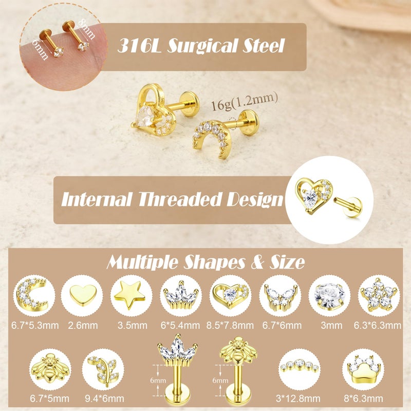 YADOCA 16G 18G Tragus Earrings for Women Flat Back Hypoallergenic Surgical Stainless Steel Cartilage Earrings Daith Conch Helix Medusa Nose Piercing Jewelry Flatback Gold Stud Earrings Set 6 7 8 10 MM - Image 4