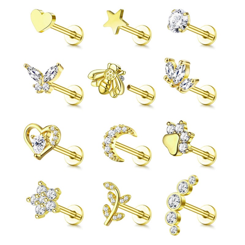 YADOCA 16G 18G Tragus Earrings for Women Flat Back Hypoallergenic Surgical Stainless Steel Cartilage Earrings Daith Conch Helix Medusa Nose Piercing Jewelry Flatback Gold Stud Earrings Set 6 7 8 10 MM - Image 1