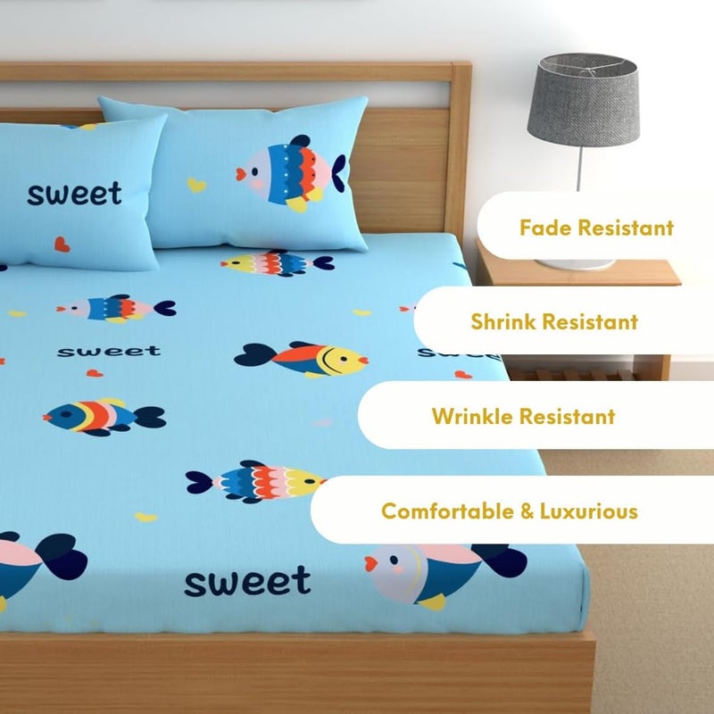 PrettyKrafts شراشف سرير مزدوج من PrettyKrafts بتصميم سمكة حلوة للأطفال مع 2 غطاء وسادة | شراشف سرير للأطفال بحجم مزدوج كينغ | شراشف سرير لغرفة الأولاد والبنات (100x90 بوصة، متعدد الألوان) - Image 3