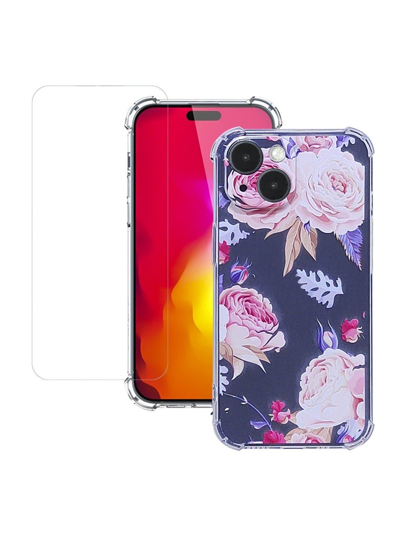 TEAM LUXURY iPhone 15 Plus Case Transparent Mobile Phone Back Flowers Pattern Four Corner Shockproof Protective Camera Protection Funtion With 1 Screen Film Tempered Glass Cover Protector For Women Girl - Image 1