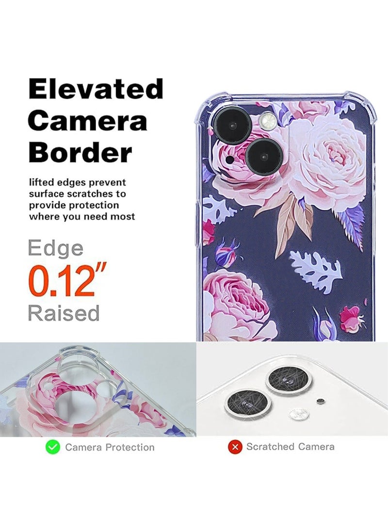 TEAM LUXURY iPhone 15 Plus Case Transparent Mobile Phone Back Flowers Pattern Four Corner Shockproof Protective Camera Protection Funtion With 1 Screen Film Tempered Glass Cover Protector For Women Girl - Image 3