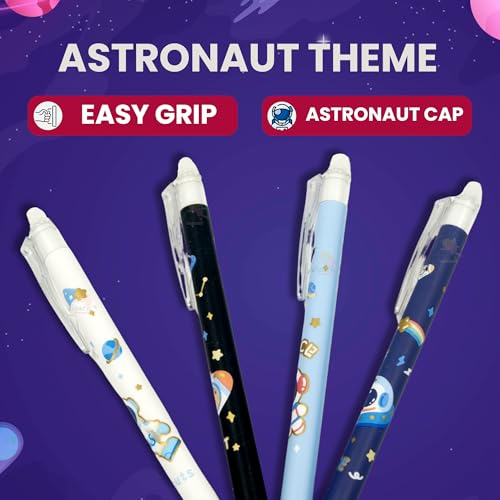WISHKEY Astronaut Theme Stylish Retractable Pens for Kids, 0.5mm Erasable Gel Pen Set for Girls & Boys, Smooth Writing, Quick Dry Ink, Pen for School Office Supplies, Blue Ink, 8+ Years (Pack of 12) - Image 5