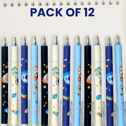 WISHKEY Astronaut Theme Stylish Retractable Pens for Kids, 0.5mm Erasable Gel Pen Set for Girls & Boys, Smooth Writing, Quick Dry Ink, Pen for School Office Supplies, Blue Ink, 8+ Years (Pack of 12) - Image 3