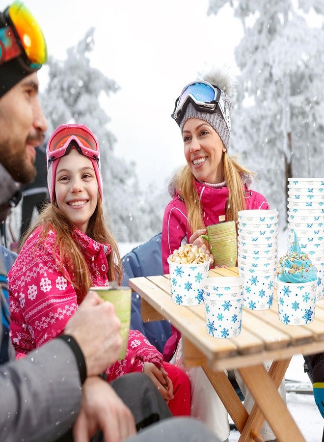 Whaline أكواب الوجبات الخفيفة على شكل ثلج من واهلين 50 قطعة سعة 8 أونصات وعاء آيس كريم ورقي أزرق أبيض مزخرف برموز الثلج أكواب ورقية قابلة للتصرف لأطباق الحلوى الشتوية للأطعمة الساخنة أو الباردة لوازم الحفلات - Image 4