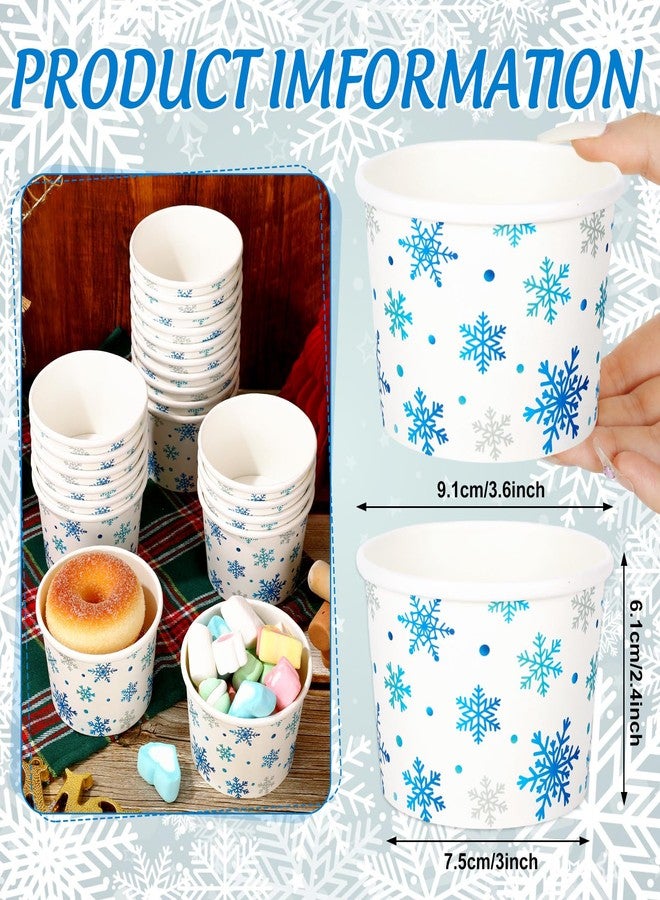 Whaline أكواب الوجبات الخفيفة على شكل ثلج من واهلين 50 قطعة سعة 8 أونصات وعاء آيس كريم ورقي أزرق أبيض مزخرف برموز الثلج أكواب ورقية قابلة للتصرف لأطباق الحلوى الشتوية للأطعمة الساخنة أو الباردة لوازم الحفلات - Image 2