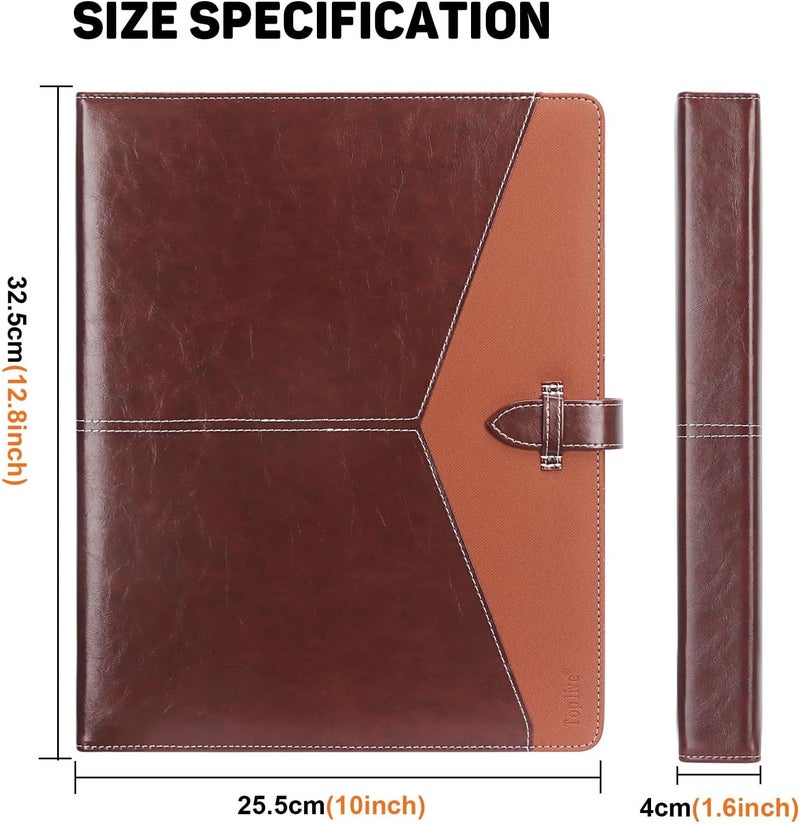 Toplive Padfolio 3 Ring Binder Organizer Business Portfolio Folder, A4/ Letter Size PU Leather Binder Portfolio Padfolio for Interview Conference Presentation, Brown - Image 4