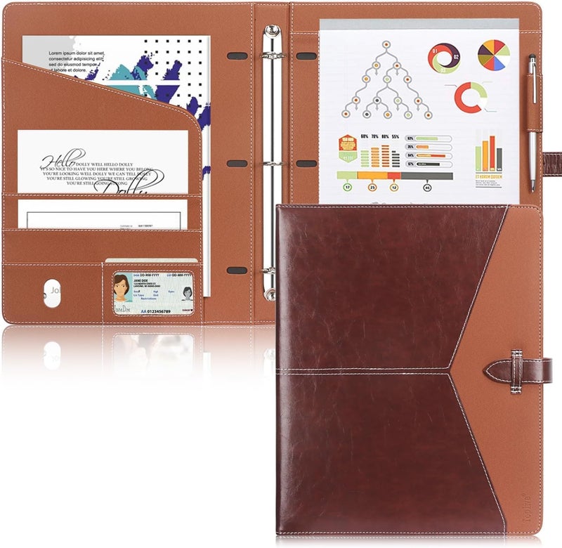 Toplive Padfolio 3 Ring Binder Organizer Business Portfolio Folder, A4/ Letter Size PU Leather Binder Portfolio Padfolio for Interview Conference Presentation, Brown - Image 2