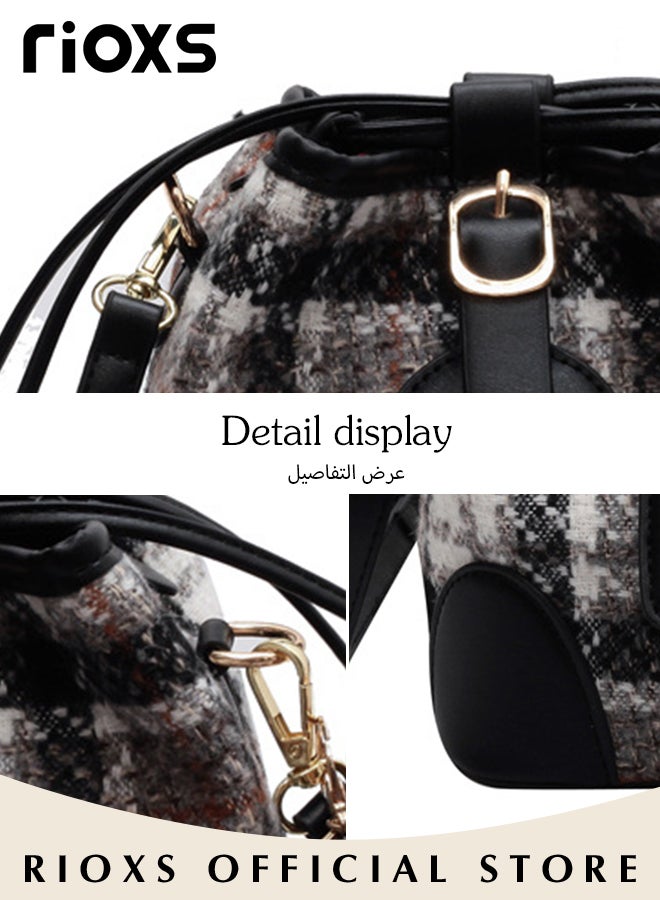 RIOXS Women's Multifunctional Bucket Bag with Magnetic Buckle Closure and Bunny Pendant, Retro Tote Shoulder Bag, Small Trendy Crossbody Bag with Plaid Design, Made of PU Leather with Clean Edges and Seams, Perfect for Using in Office, Dating or Other Daily Occasions, 20*11*17CM  - Image 3