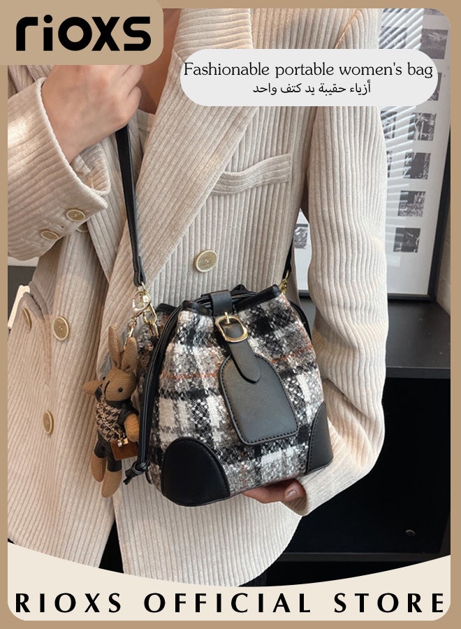 RIOXS Women's Multifunctional Bucket Bag with Magnetic Buckle Closure and Bunny Pendant, Retro Tote Shoulder Bag, Small Trendy Crossbody Bag with Plaid Design, Made of PU Leather with Clean Edges and Seams, Perfect for Using in Office, Dating or Other Daily Occasions, 20*11*17CM  - Image 2