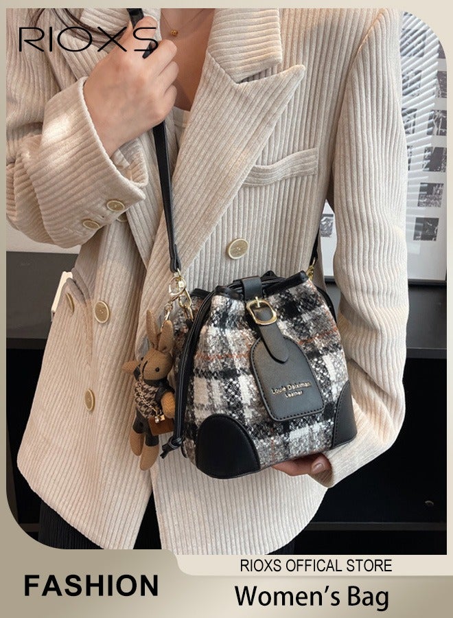 RIOXS Women's Multifunctional Bucket Bag with Magnetic Buckle Closure and Bunny Pendant, Retro Tote Shoulder Bag, Small Trendy Crossbody Bag with Plaid Design, Made of PU Leather with Clean Edges and Seams, Perfect for Using in Office, Dating or Other Daily Occasions, 20*11*17CM  - Image 1