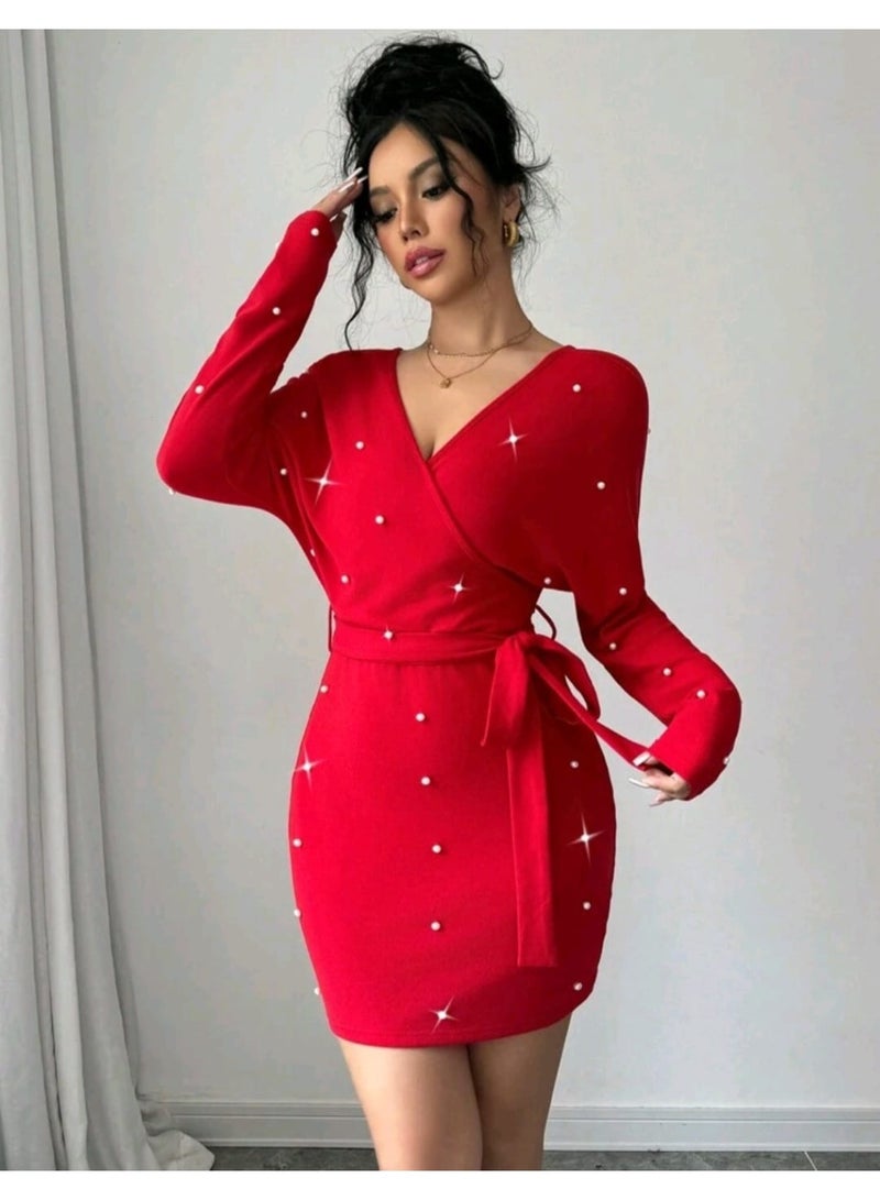 SHEIN1pc Red Beaded Overlap Shoulder Sleeve Short Dress - Image 1