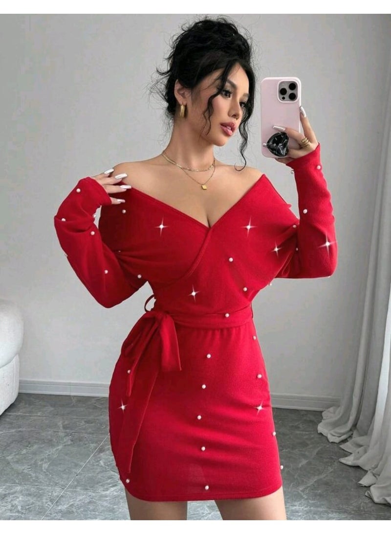 SHEIN1pc Red Beaded Overlap Shoulder Sleeve Short Dress - Image 4