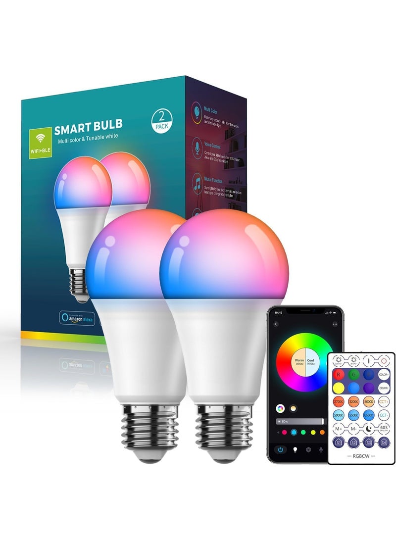 Smart LED Light Bulbs, 2.4 GHz Wi-Fi, 9W, Compatible with Alexa and Google Assistant, 2 Pack, with Remote Control - Image 1