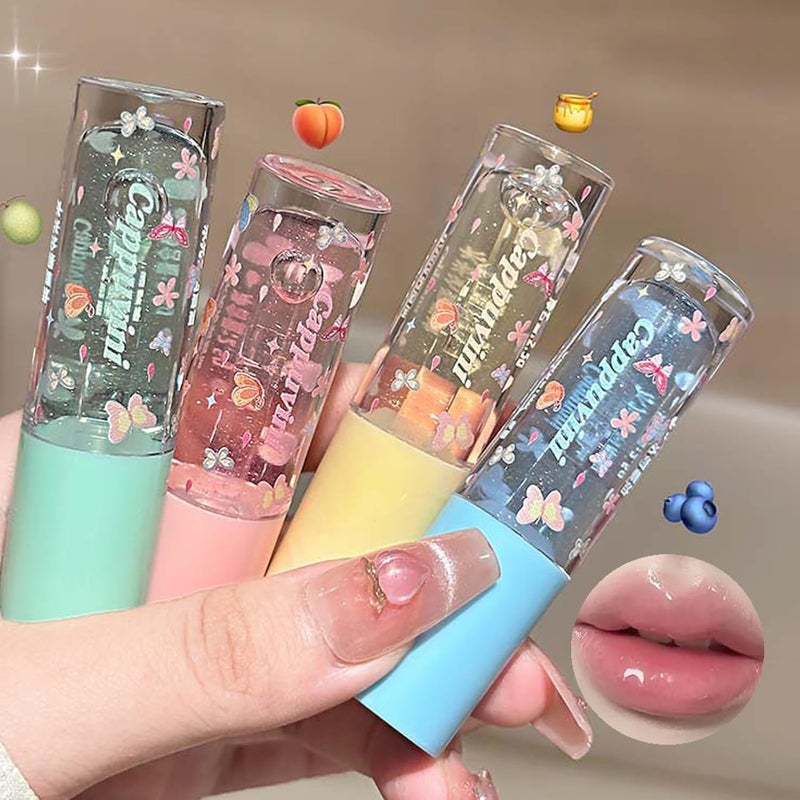 4PCS Plumping Lip Gloss Set Shimmer Transparent Hydrating Lip Glow Oil Fruit Flavored Cute Jelly Lip Oil lip glow oil Lip Balm for Dry Lips Nourishing