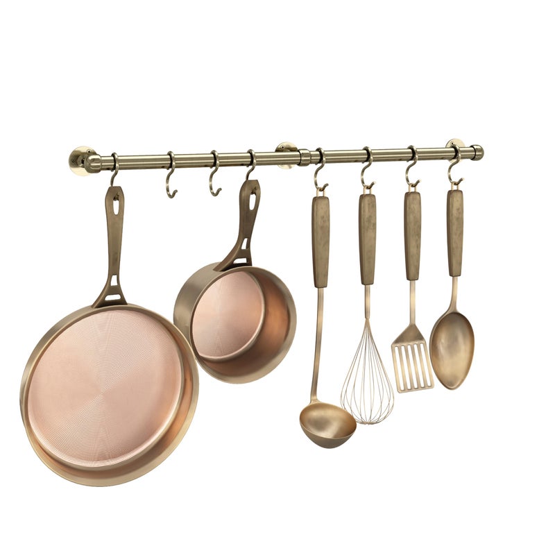 ROTHLEY Stainless Steel Hanging Pot Rack Hanger: 23.7 Inch Pot and Pan Hanger Wall Mounted Hanging Pot Bar Rack Heavy Duty Pot Hangers Kitchen Rail with 8 S Hooks (Antique Brass) - Image 1