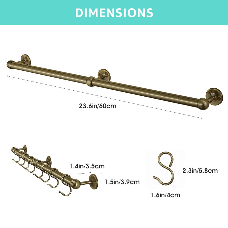 ROTHLEY Stainless Steel Hanging Pot Rack Hanger: 23.7 Inch Pot and Pan Hanger Wall Mounted Hanging Pot Bar Rack Heavy Duty Pot Hangers Kitchen Rail with 8 S Hooks (Antique Brass) - Image 2