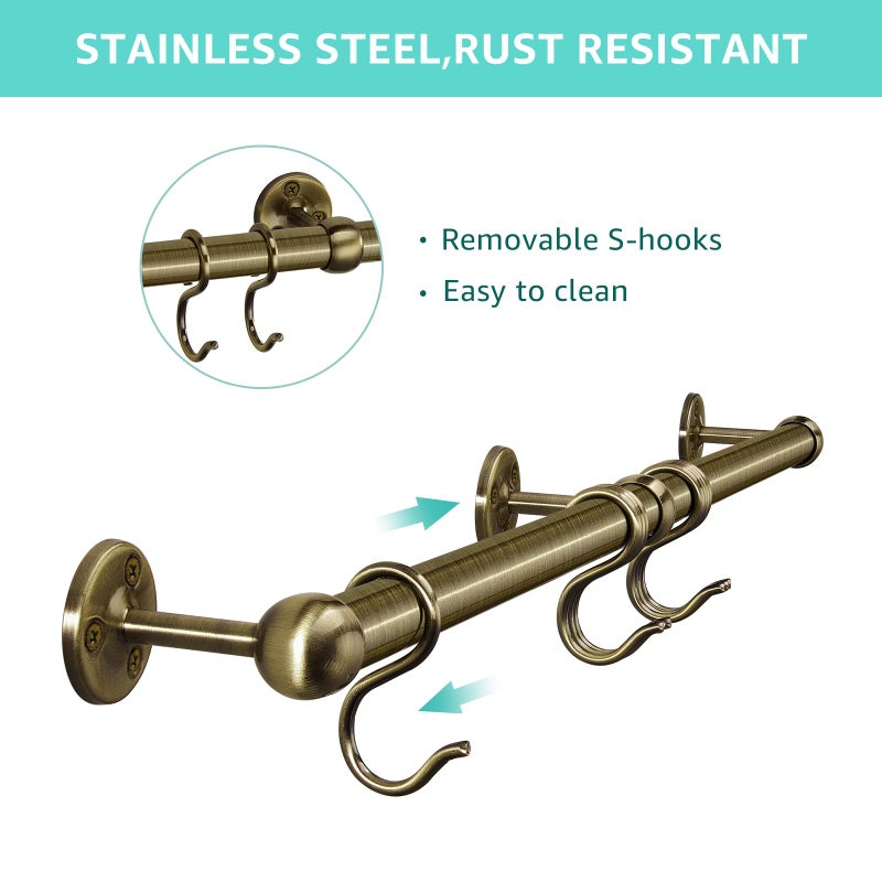 ROTHLEY Stainless Steel Hanging Pot Rack Hanger: 23.7 Inch Pot and Pan Hanger Wall Mounted Hanging Pot Bar Rack Heavy Duty Pot Hangers Kitchen Rail with 8 S Hooks (Antique Brass) - Image 3