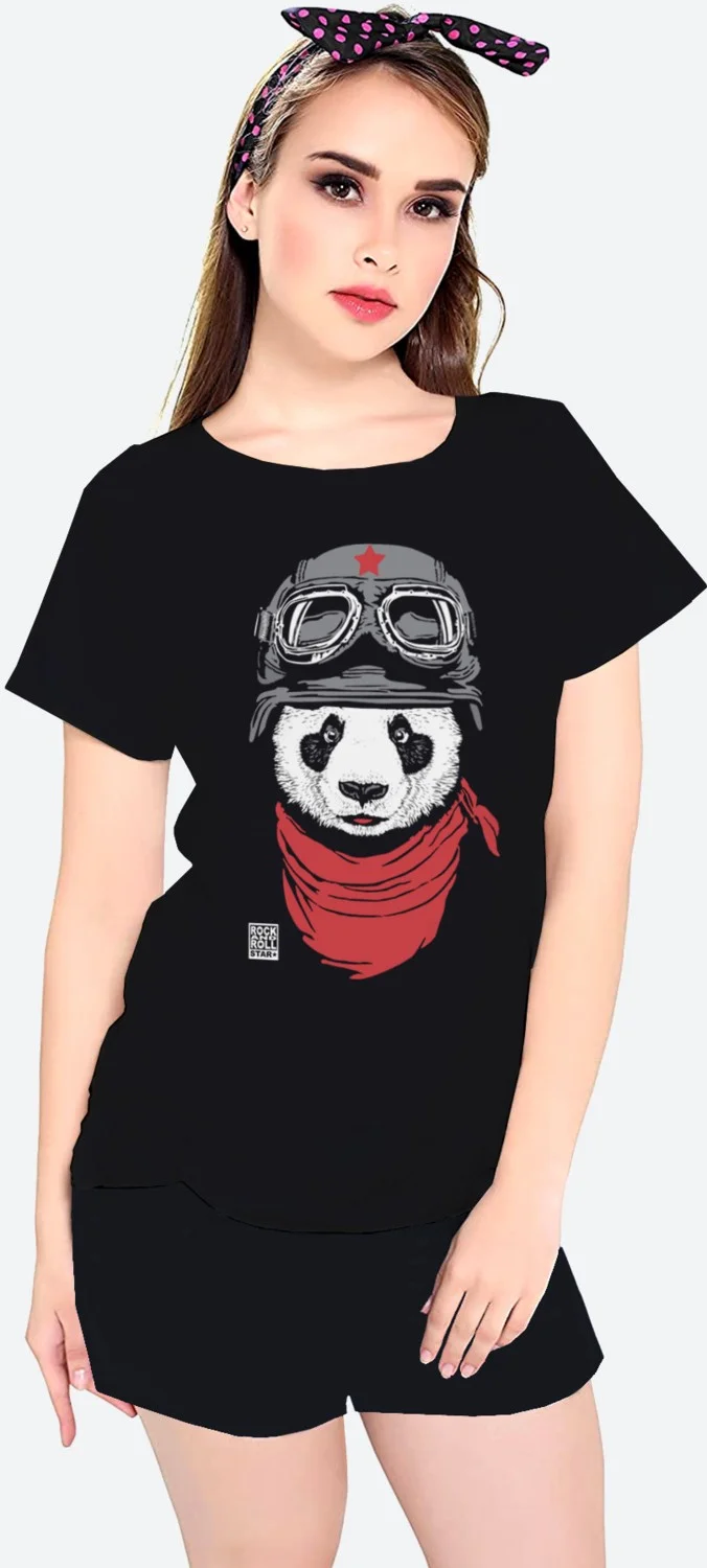 Rock&Roll Bandana Panda Black Short Sleeve Women's Shorts Set