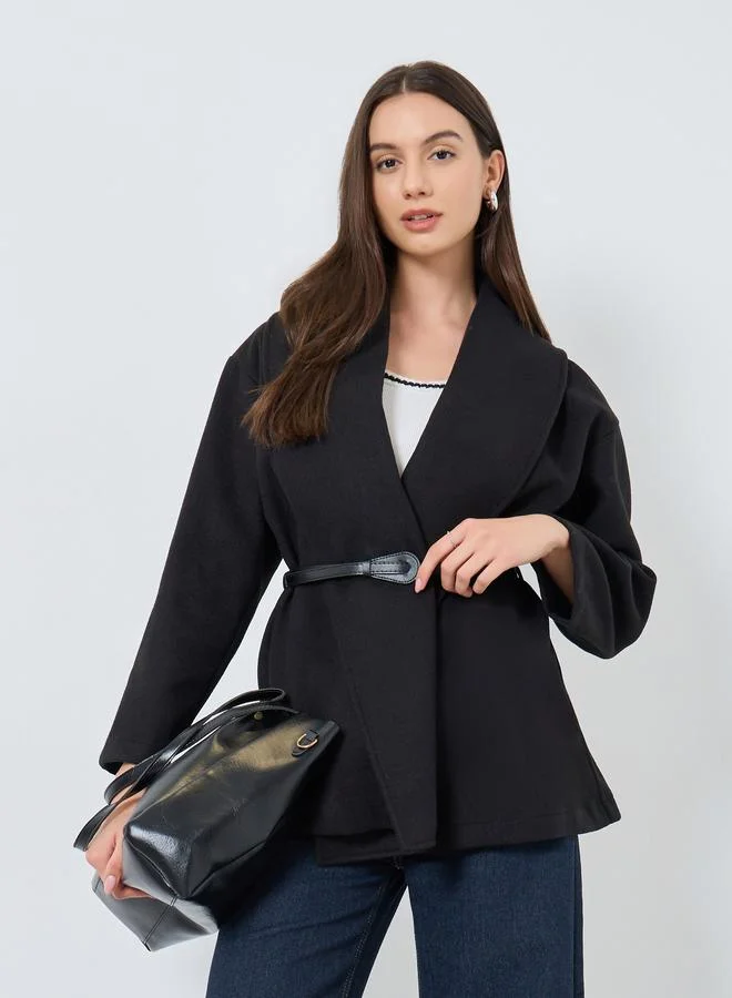 Take Two Black Wool Like Belted Wrap Coat