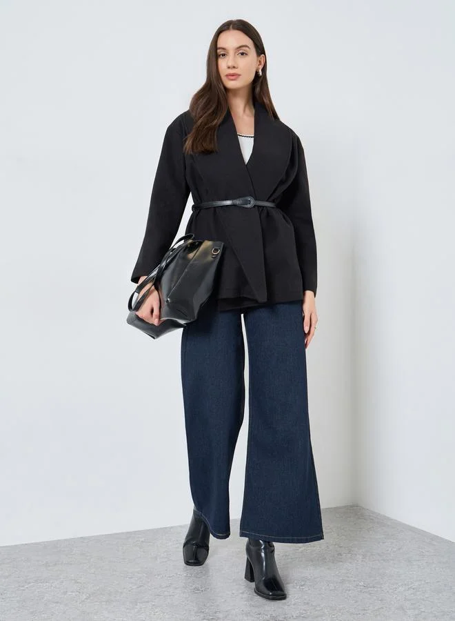 Take Two Black Wool Like Belted Wrap Coat