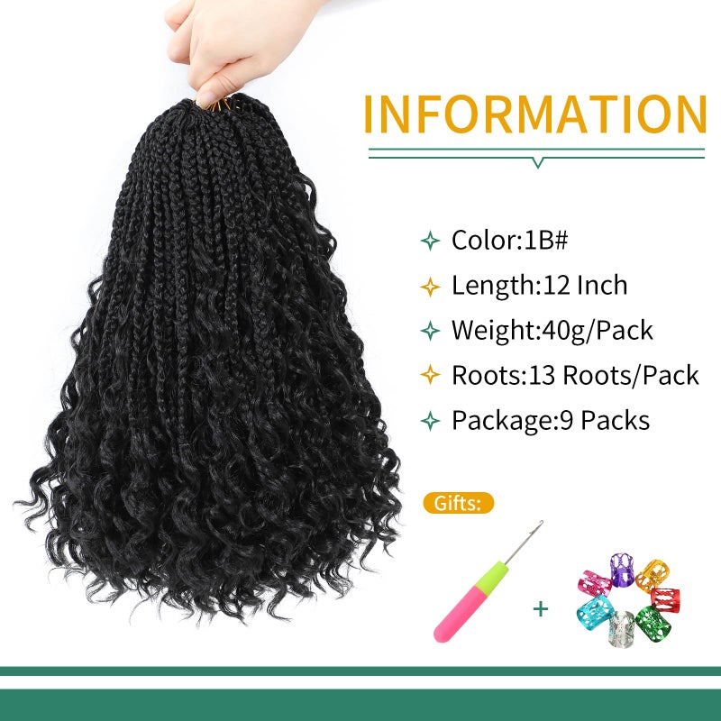 Karida 9 Packs Goddess Box Braids Crochet Hair 12 inch, Pre Looped Crochet Boho Box Braids With Curly Ends Crochet Hair For Black Women (12 Inch, 1B#) - Image 2