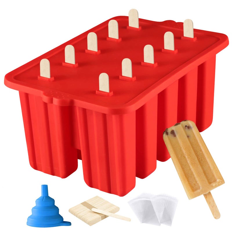 Azonbey Silicone Popsicle Molds 10 Cavity BPAFree Red Cone Shaped Food Preparation Molds with Sticks and Funnel