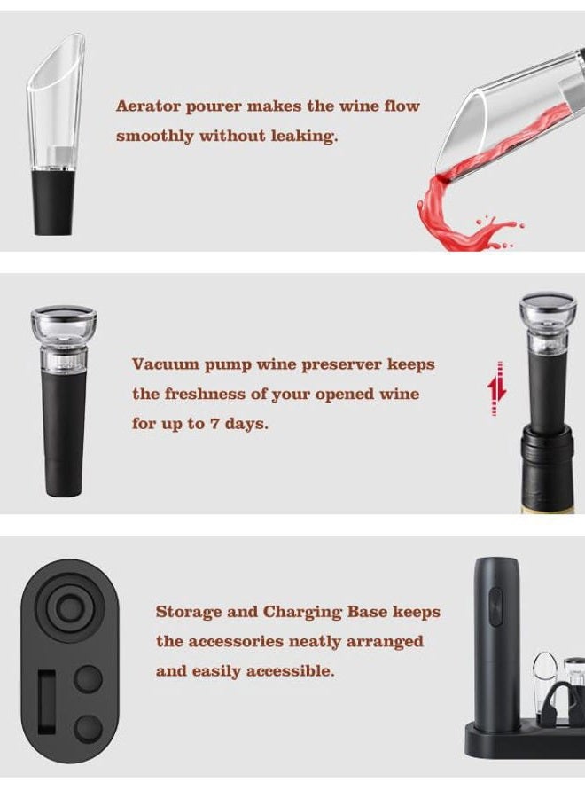 VGY Rechargeable Electric Wine Opener, 5 in 1 Set with Automatic Electric Wine Bottle Corkscrew Opener, Foil Cutter, Vacuum Stopper, Wine Pourer and Storage Charging Stand - Image 4