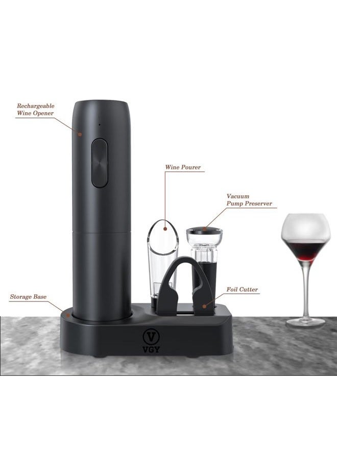 VGY Rechargeable Electric Wine Opener, 5 in 1 Set with Automatic Electric Wine Bottle Corkscrew Opener, Foil Cutter, Vacuum Stopper, Wine Pourer and Storage Charging Stand - Image 2