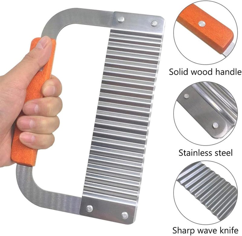 Baskety Wooden Handle Crinkle Cutter,Potato Cutter Ripple Knife,Potato Knife Crinkle Wavy Cutter,Stainless Steel Wide Blade Potato Vegetable Salad French Fry Slicer Chopping Knife Pack of 1 - Image 3