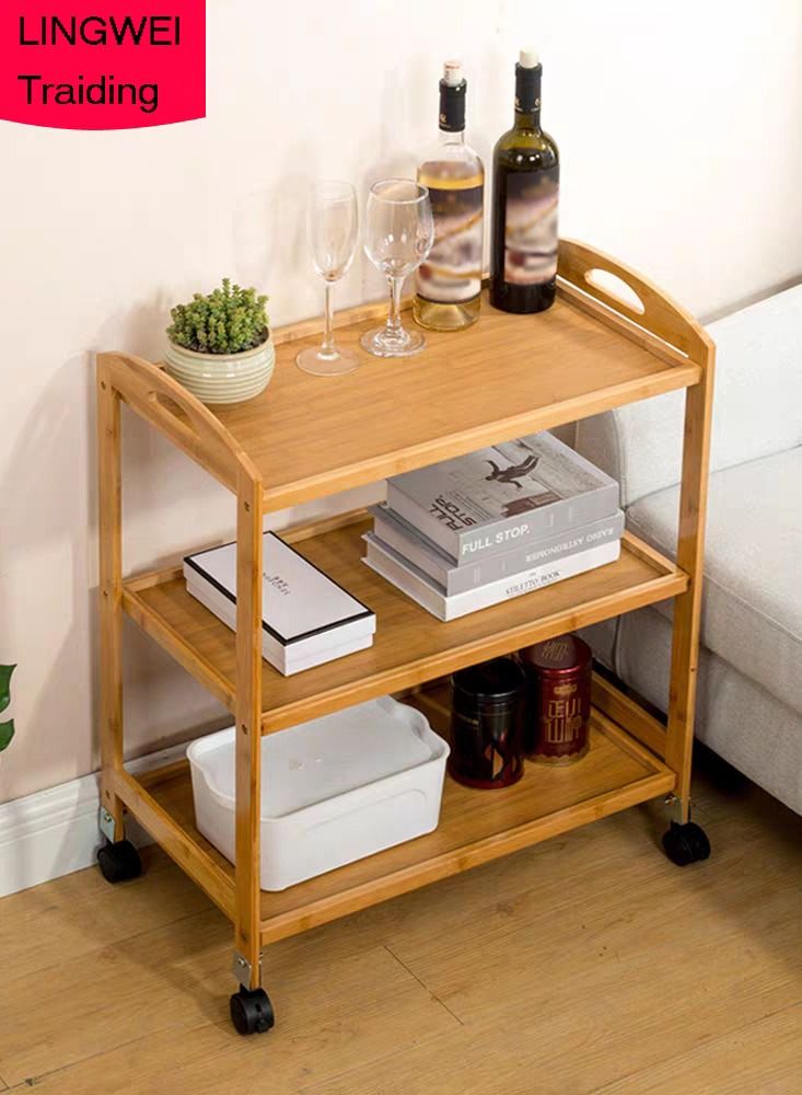 LINGWEI Food Serving Cart Bamboo Cart Serving Trolly Wooden Food Serving Trolly Rolling Storage Cart Kitchen Storage Trolly Kitchen Island Cart with Lock Wheels Wooden Storage Rack - Image 5