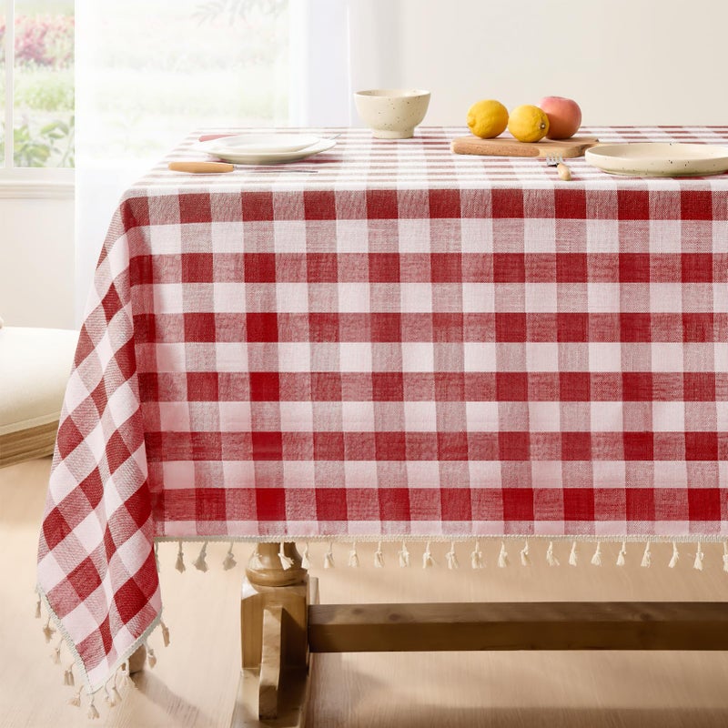 Softalker Checkered Tablecloth Rectangle, Outdoor Linen Cotton Gingham Table Cloth with Tassel, Heavy Duty Wrinkle Free Buffalo Plaid Table Cover for Kitchen Dining Home Party - 55 x 84 Inch, Red - Image 1