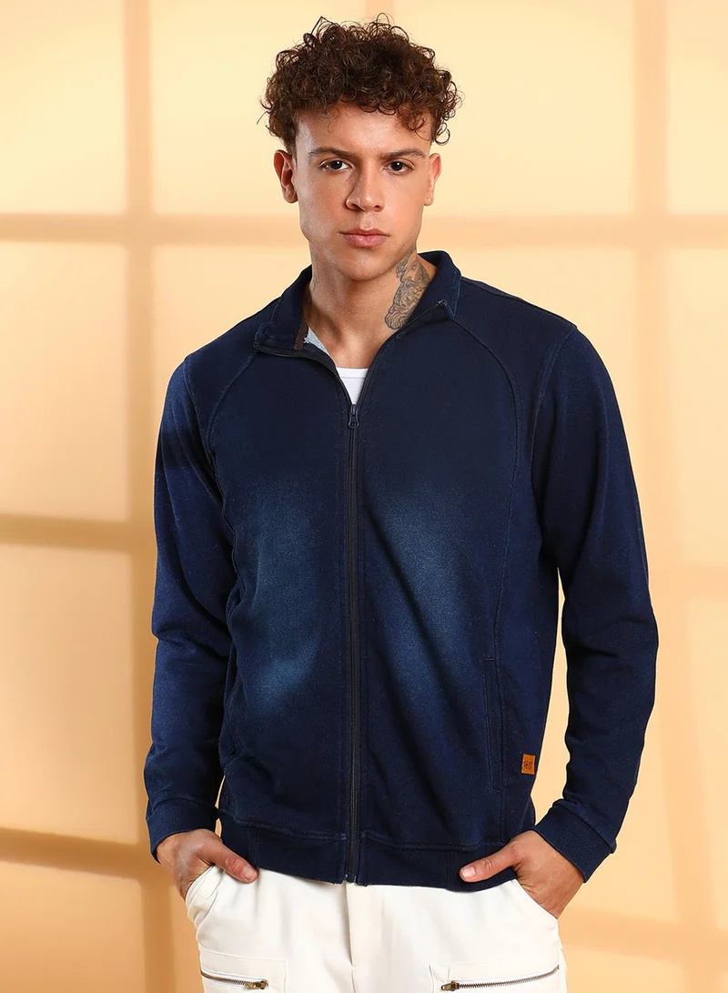 Campus Sutra Men's Navy Blue Zip-Front Dark-Wash Denim Jacket For Casual Wear | High Neck | Long Sleeve | Zipper Closure | Cotton Jacket Crafted With Comfort Fit For Everyday Wear