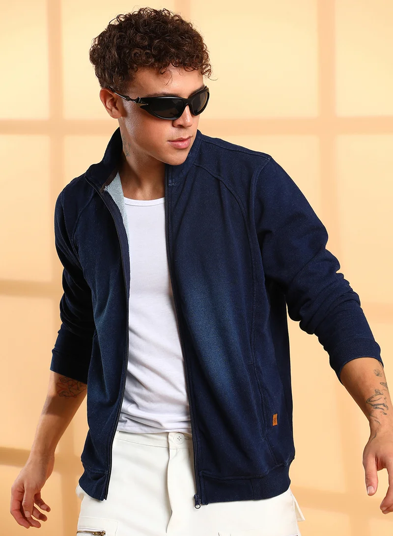 Campus Sutra Men's Navy Blue Zip-Front Dark-Wash Denim Jacket For Casual Wear | High Neck | Long Sleeve | Zipper Closure | Cotton Jacket Crafted With Comfort Fit For Everyday Wear