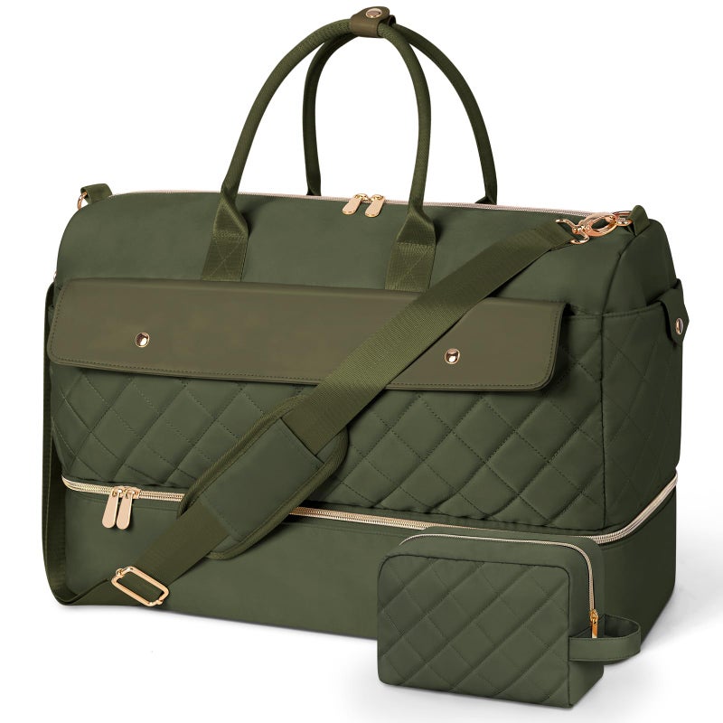 Wedama Travel Duffel Bag Large Weekender Bag for Women with Shoe Compartment Carry on Overnight with Toiletry Makeup Bag for Travel Gym Camping Hospital Green - Image 2