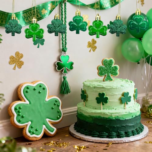 Suartus St Patricks Day Decorations Shamrock Ornament Set, 24Pcs Shamrock Good Luck Clover Tree Hanging Ball Ornaments for Spring Irish Day St Patrick's Day Home Table Tree Party Green Decorations - Image 4