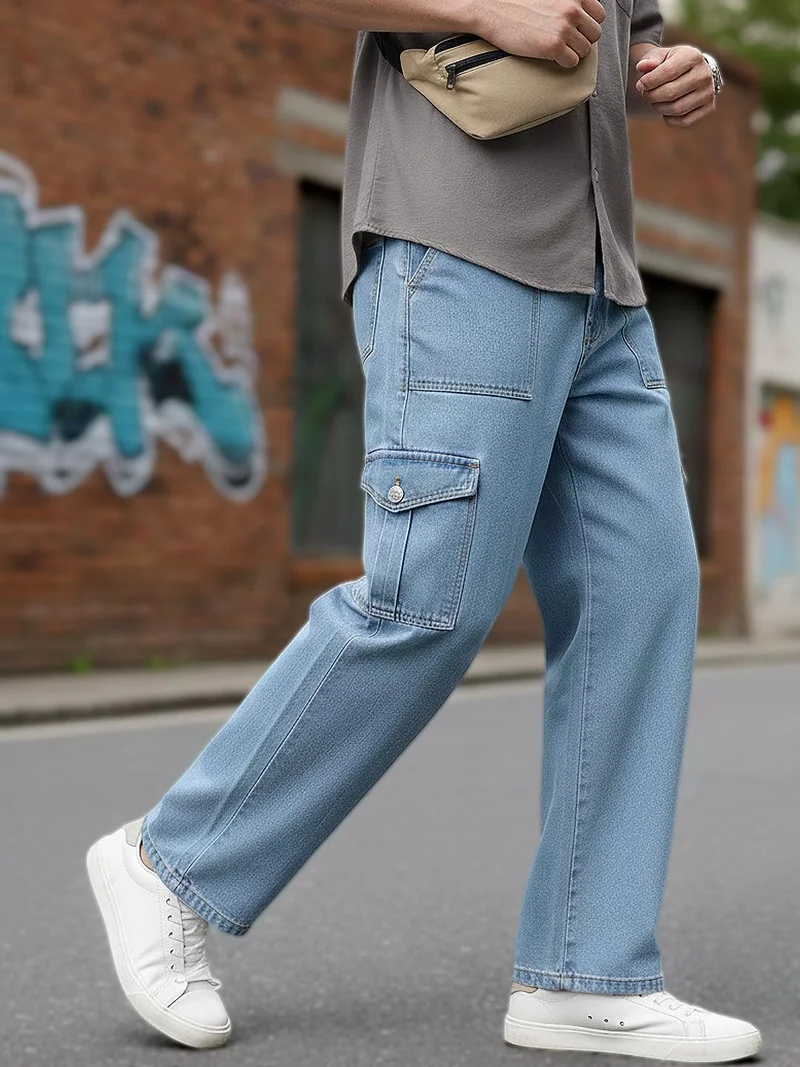أوربانو فاشن Urbano Fashion Men's Ice Blue Loose Fit Cargo Jeans with 6 Pockets Non-Stretchable