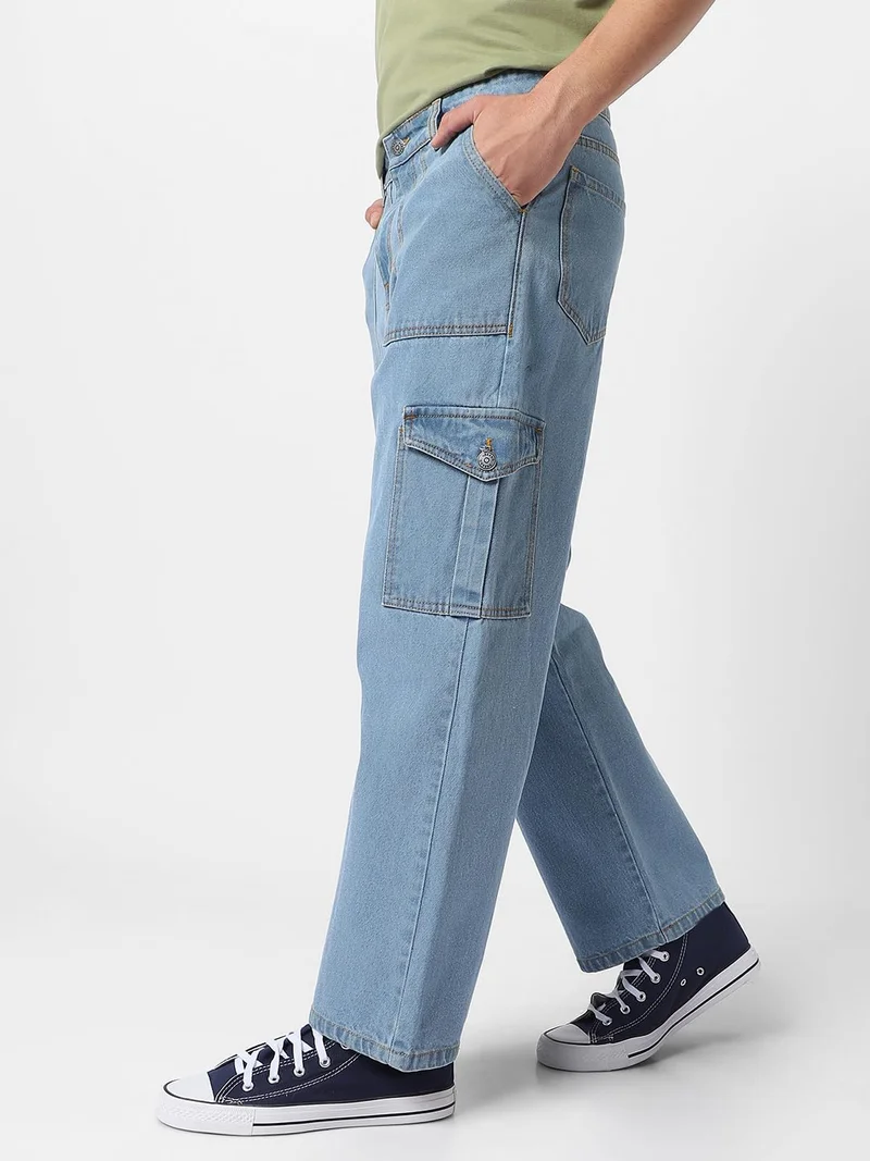 أوربانو فاشن Urbano Fashion Men's Ice Blue Loose Fit Cargo Jeans with 6 Pockets Non-Stretchable