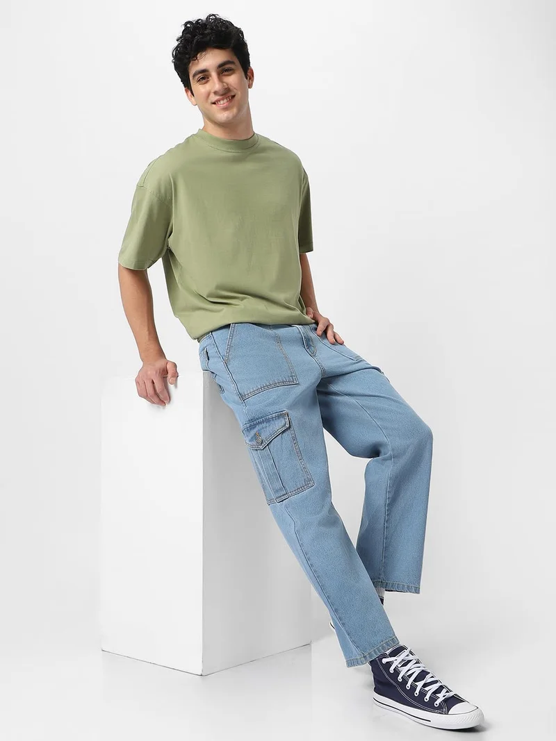 Urbano Fashion  Urbano Fashion Men's Ice Blue Loose Fit Cargo Jeans with 6 Pockets Non-Stretchable  | Best Price UAE