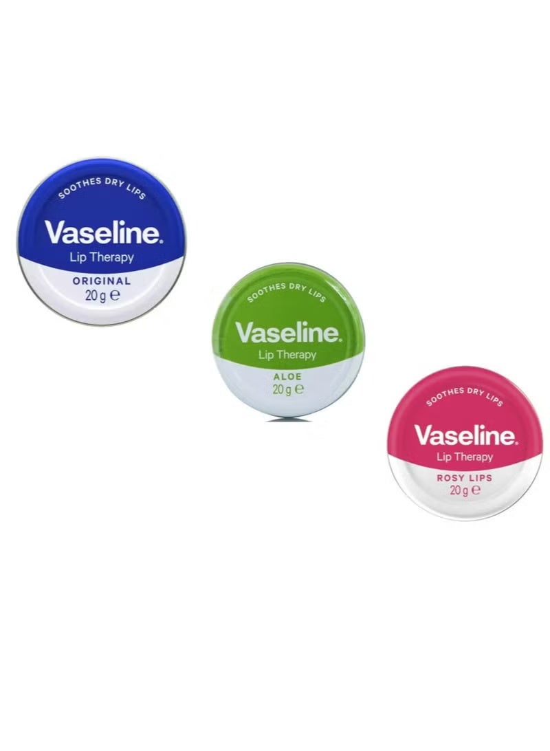 Vaseline Lip Balm 3 X 20g (Rosy Lips, Cocoa Butter, Aloe, Original) Lip Balm Set Bundle with Glameno Drawstring Organza Bag