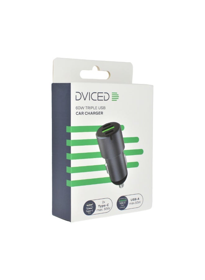 DVICED Car charger 60W with 3 ports ( 2 USB C and 1 USB A) - Grey - Image 5