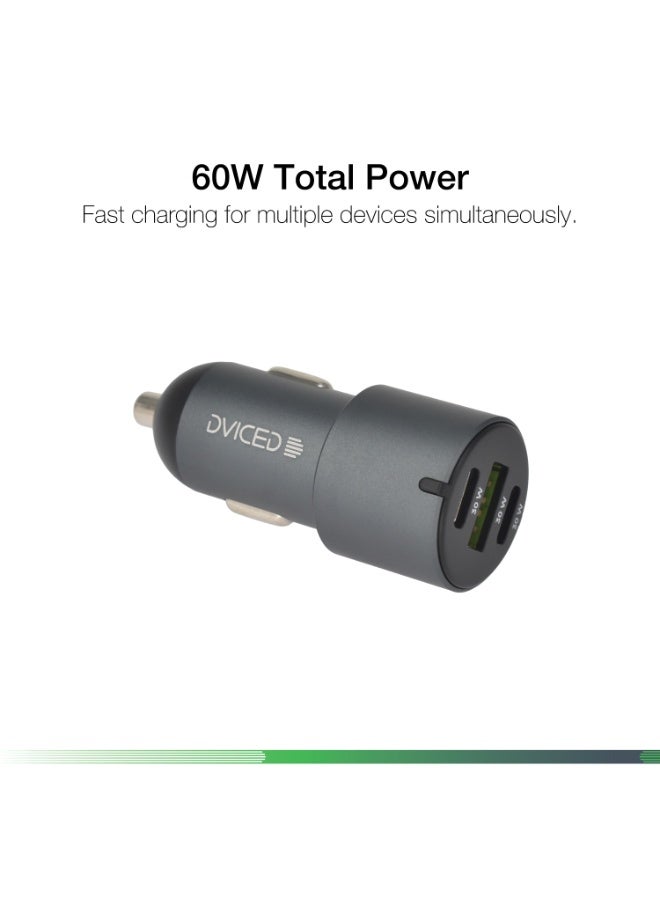 DVICED Car charger 60W with 3 ports ( 2 USB C and 1 USB A) - Grey - Image 1