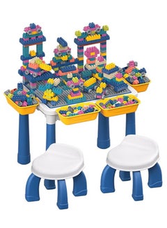 Kids Multi-Functional Educational Study Block Table with Drawing Board and Activity Building Storage with Two Chair and 300 Block