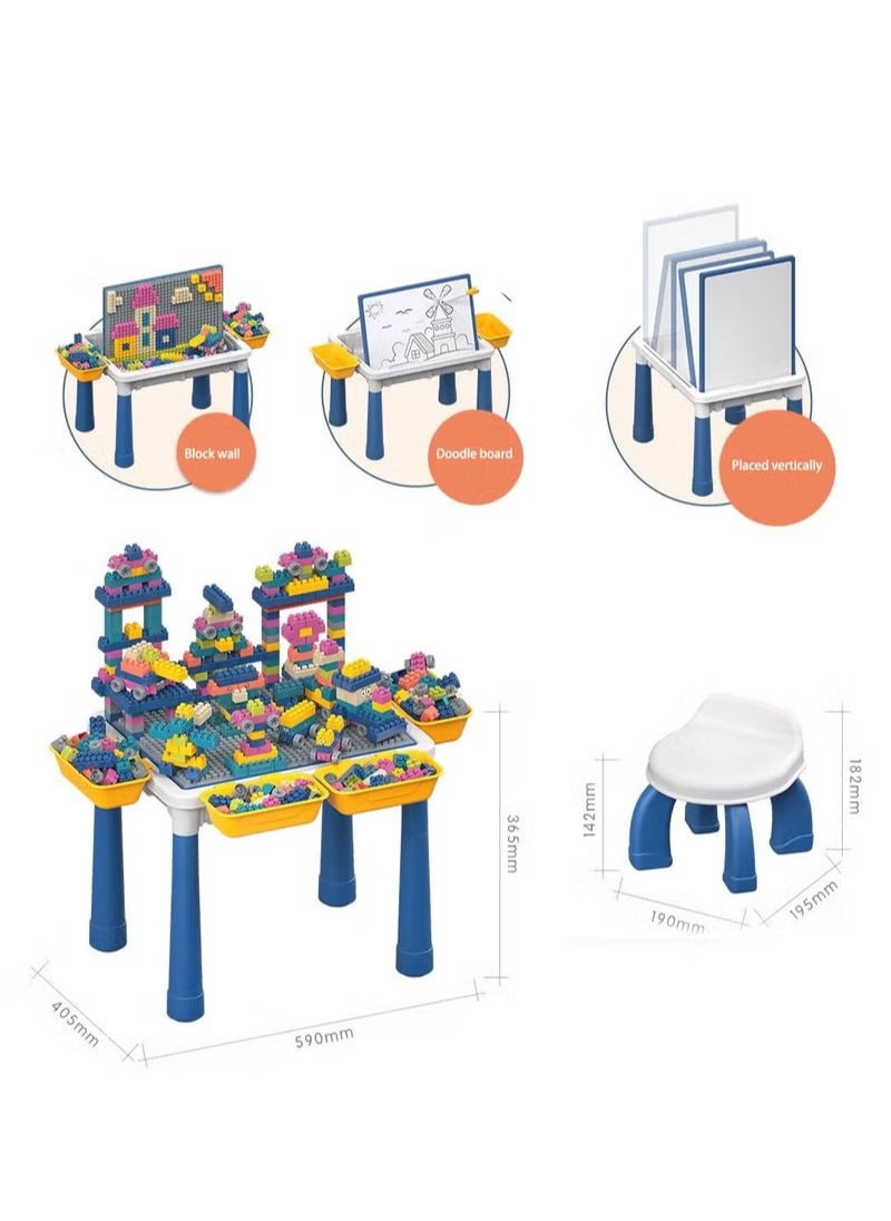 Generic - Kids Multi-Functional Educational Study Block Table with Drawing Board and Activity Building Storage with Two Chair and 300 Block - Image 1