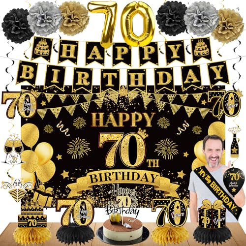 Eucutur 42PCS 70th Birthday Decoration Kit for Men Women Black Gold Happy 70th Bday Banner Balloons Honeycomb Centerpiece Swirl Paper Pompoms Party Supplies 70 Bday Sash Table Cake Topper Swirls Set - Image 1
