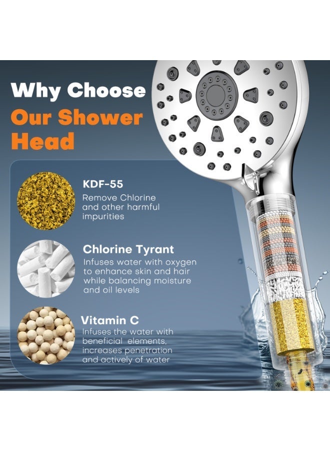 DIGIROOT 5+2 Spray Modes High Pressure Shower Head Filter and 1.5M Hose for Remove Residual Chlorine - Silver - Image 5