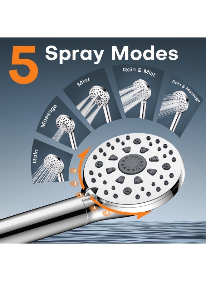 DIGIROOT 5+2 Spray Modes High Pressure Shower Head Filter and 1.5M Hose for Remove Residual Chlorine - Silver - Image 3