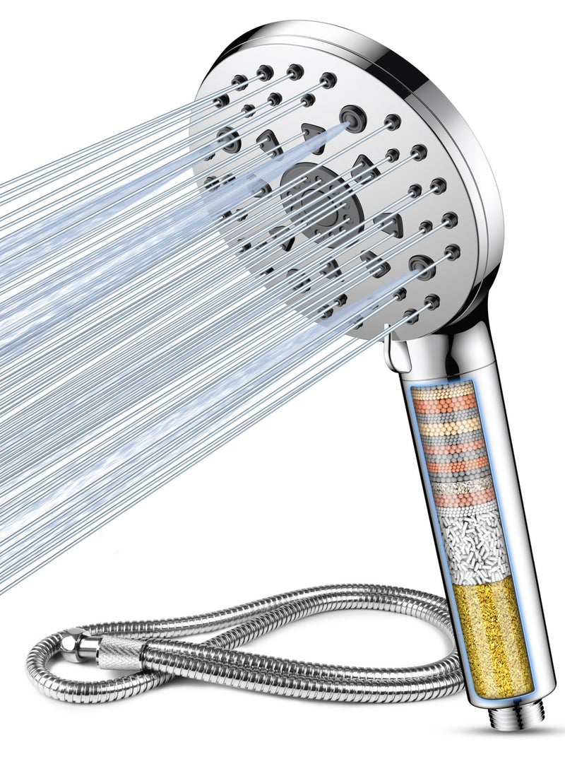 DIGIROOT 5+2 Spray Modes High Pressure Shower Head Filter and 1.5M Hose for Remove Residual Chlorine - Silver - Image 1